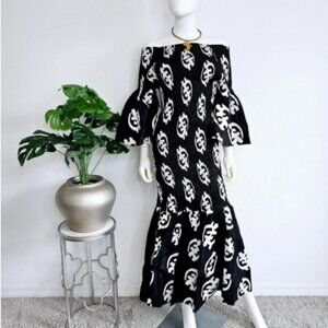 Smocked Off Shoulder Mermaid Dress: Wax Cotton Ruffle Sleeve with Headwrap